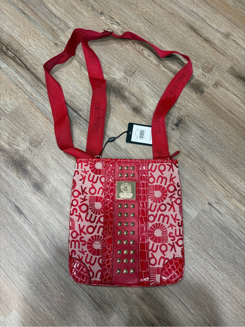 Y2K Akademiks Red and Cream Logo Studded Crossbody Bag